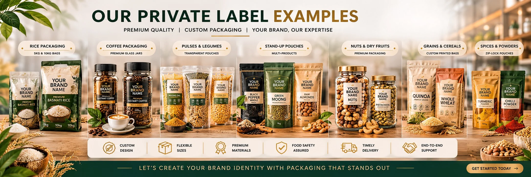 Radiance Overseas private label packaging examples — rice, coffee, pulses, stand-up pouches, nuts & dry fruits, grains & cereals, spices & powders