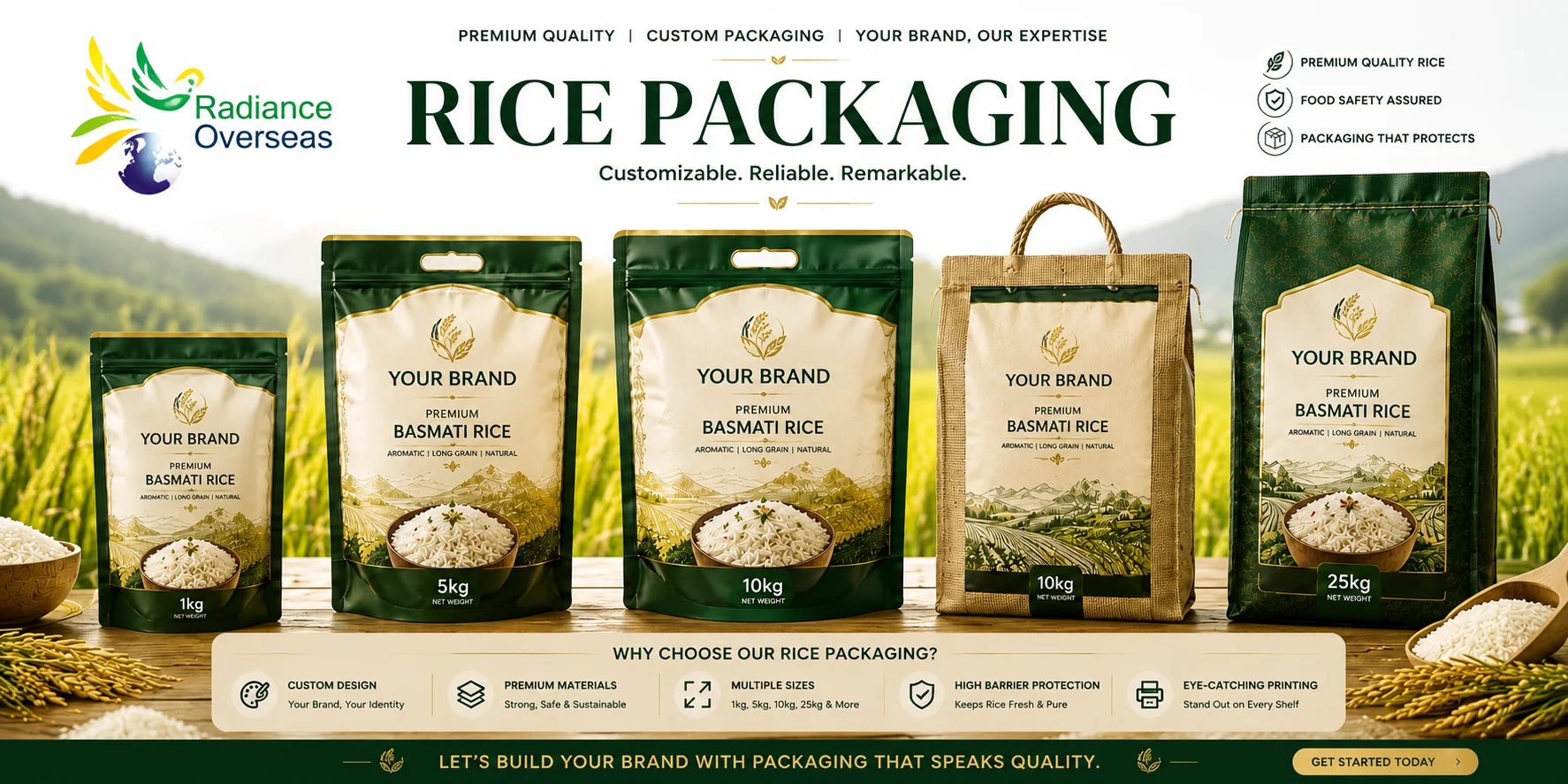Private label basmati rice packaging — 1kg, 5kg, 10kg, 25kg pack sizes by Radiance Overseas