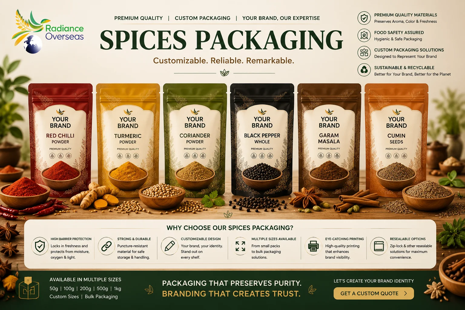 Private label spices packaging — red chilli powder, turmeric, coriander, black pepper, garam masala, cumin seeds by Radiance Overseas