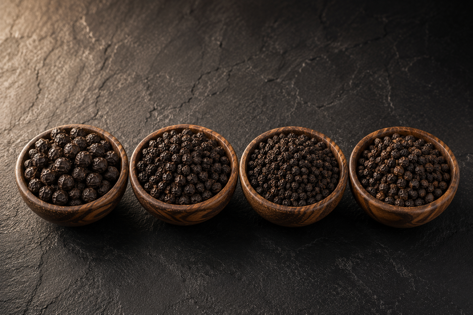 Four-bowl grade comparison of Indian black pepper — TGSEB, TGEB, MG1, and MG2, differentiated by berry size, bulk density, and garbling quality