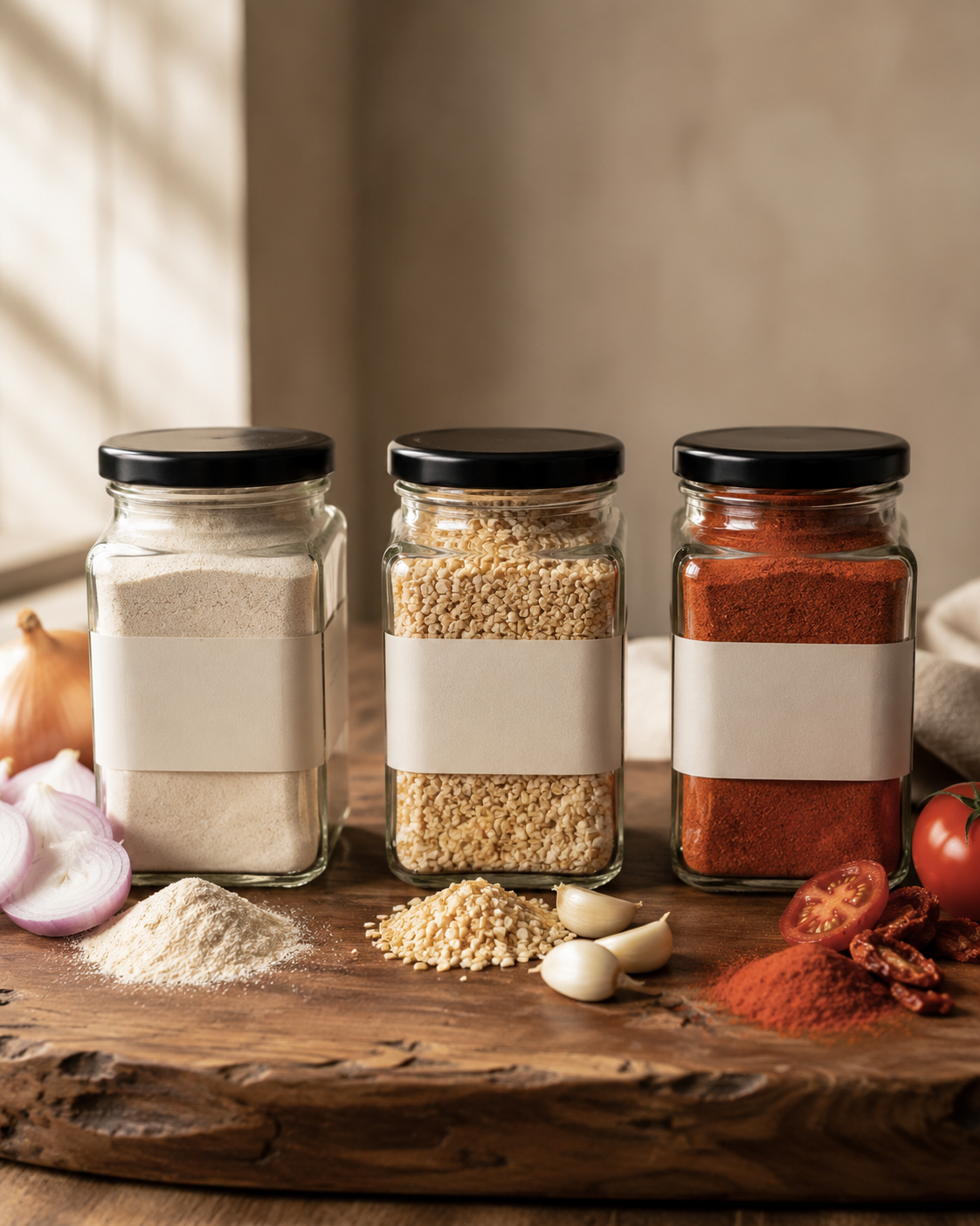 Dehydrated onion powder, garlic granules, and tomato powder — India's flagship dehydrated vegetable export formats for food manufacturing and private-label programmes