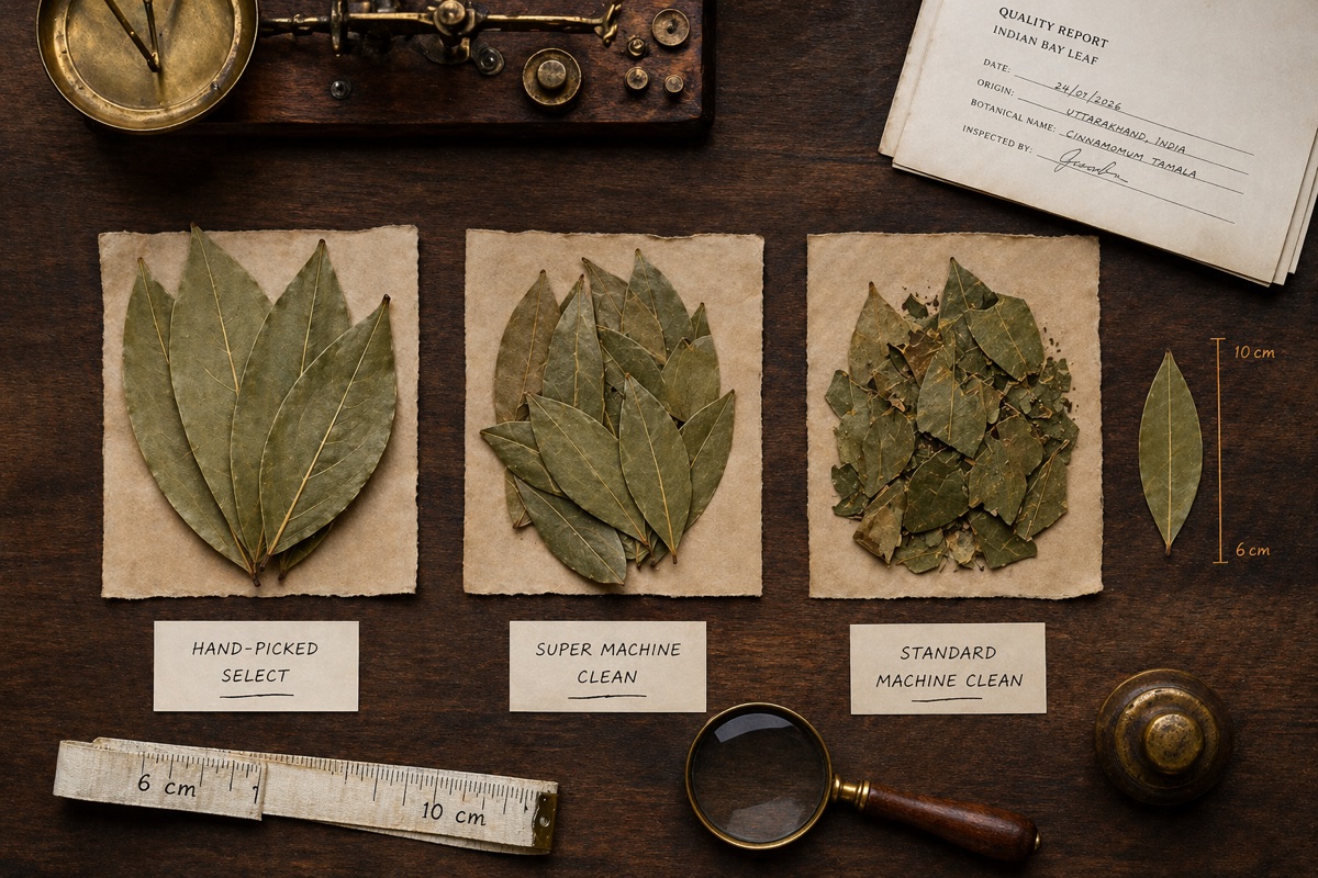 Indian bay leaf quality grades side by side: Hand-Picked Select (6–10 cm whole leaf), Super Machine Clean, and Standard Machine Clean — each tier carries distinct FOB pricing and specification requirements