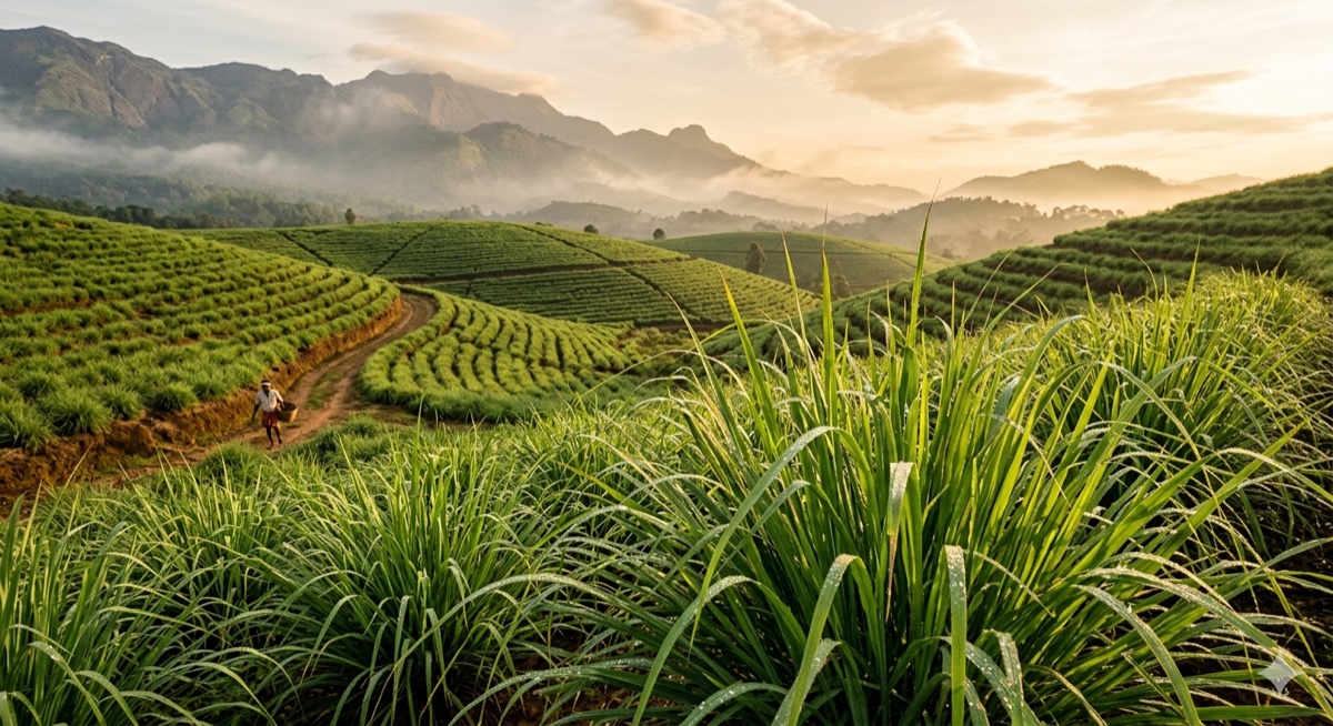 Lemongrass cultivation in Kerala's hill districts — the heartland of Indian C. flexuosus production. Kerala's Wayanad and Palakkad regions supply the benchmark East Indian chemotype with 75–85% citral content, the global standard for therapeutic and fragrance applications.