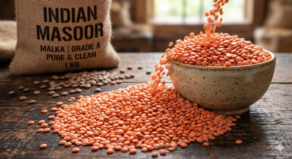 Indian Masoor — Malka Grade A, machine-cleaned and colour-sorted split red lentils. Madhya Pradesh and Uttar Pradesh origin. Export documentation, SGS/BV pre-shipment inspection, and NABL lab certificates available from Radiance Overseas.