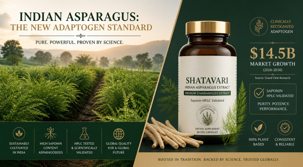 Shatavari (Indian Asparagus) — HPLC-validated saponin content, sustainably cultivated in India. Premium standardized extract: 15–30% saponins, ICP-MS heavy metals panel cleared, USDA Organic and EU Organic certified supply available from Radiance Overseas.