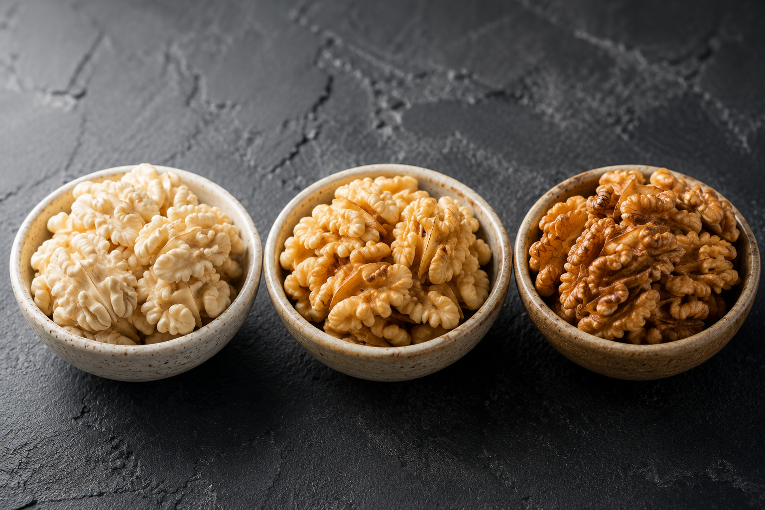 Kashmir walnut kernel grades (left to right): Extra Light, Light, and Light Amber halves — colour grade determines end-use, pricing, and market destination
